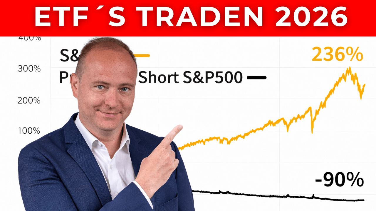 Trader analysiert verschiedene ETFs und Marktbewegungen auf mehreren Bildschirmen beim aktiven ETF Trading